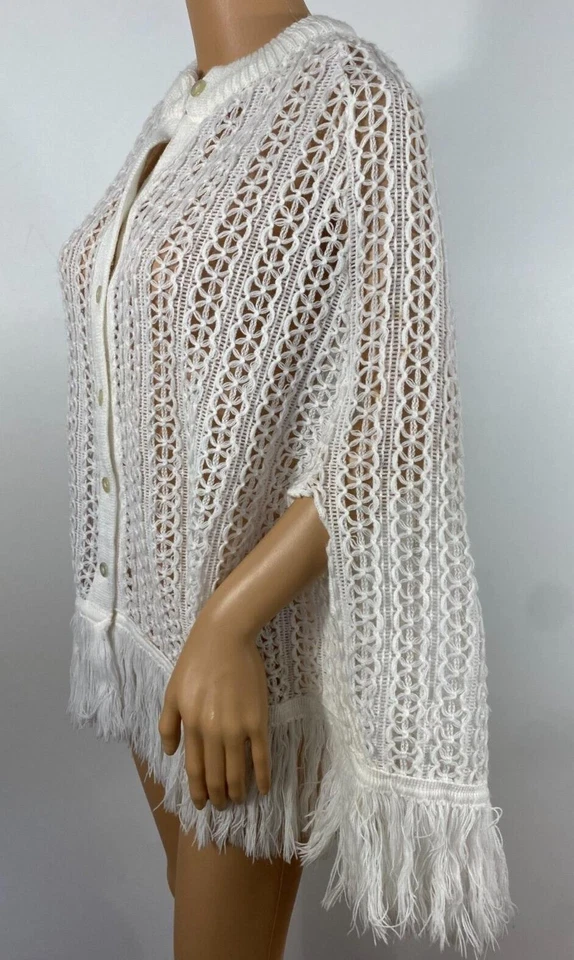 Mantón de ganchillo de colección con flecos abotonados JAPÓN Boho STEVIE NICKS abuela elegante mancha Foto 2 de 4