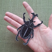Beetle bug reflective iron-on embroidered patch, Japanese rhinoceros beetle