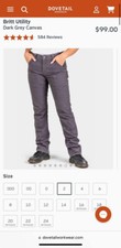 Dovetail Workwear, Britt Utility Pants, Dark Grey Canvas, Size 2