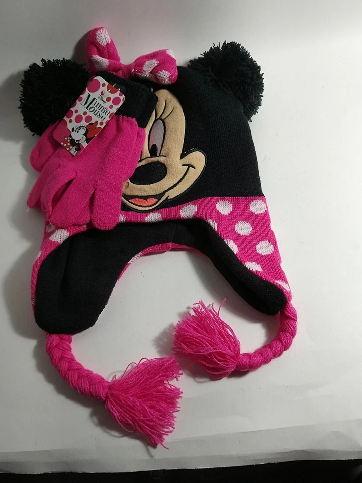 迪士尼米妮老鼠冬季豆帽和连指手套套装全新带标签 — 第 2/4 张图片