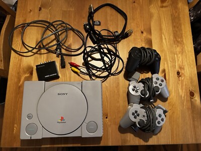 Original PlayStation 1 Console, 3 Controllers, Wires And HDMI Adapter