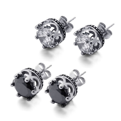 2pcs Cubic Zirconia Crown Ear Studs - Stainless Steel For Men & Women 6 thumbnail image