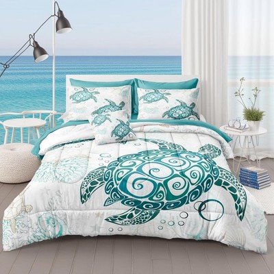 MOVE OVER Coastal Bedding Set Queen Size Sea Turtle Comforter Set with Sheet Set