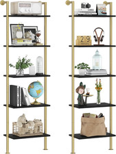 Stylish 5-Tier Solid Wood Bookshelf Set of 2 - Black Gold Storage Rack