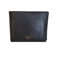 Emporio Armani Mens Black Pebbled Leather Bifold Wallet with Coin Pocket Logo