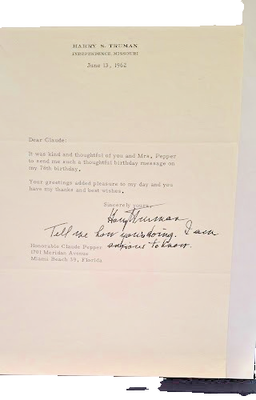 #ad Harry Truman.TLS with #x27;curious#x27; footnote. June 13 1962 To: Claude Pepper $300.00