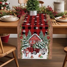 Christmas Red Truck Table Runner for Kitchen Decor, Red Buffalo Plaid Burlap