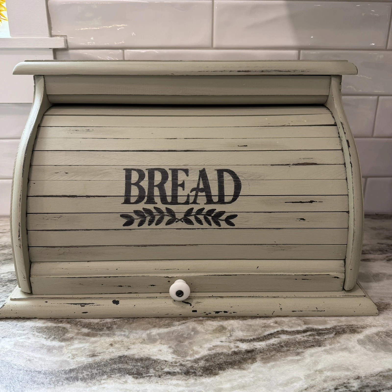 Vintage Wood Bread Box with Roll-Top Lid and 'BREAD' Lettering