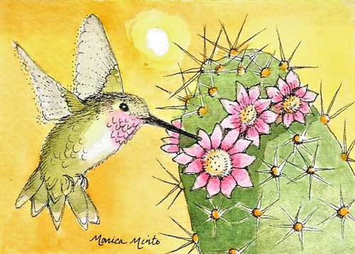 ACEO original watercolor painting with Pen & Ink Hummingbird and Cactus