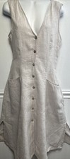 Tahari Linen Tank Dress 10 Maxi Beige V-neck Front Pockets Minimalistic Boho M