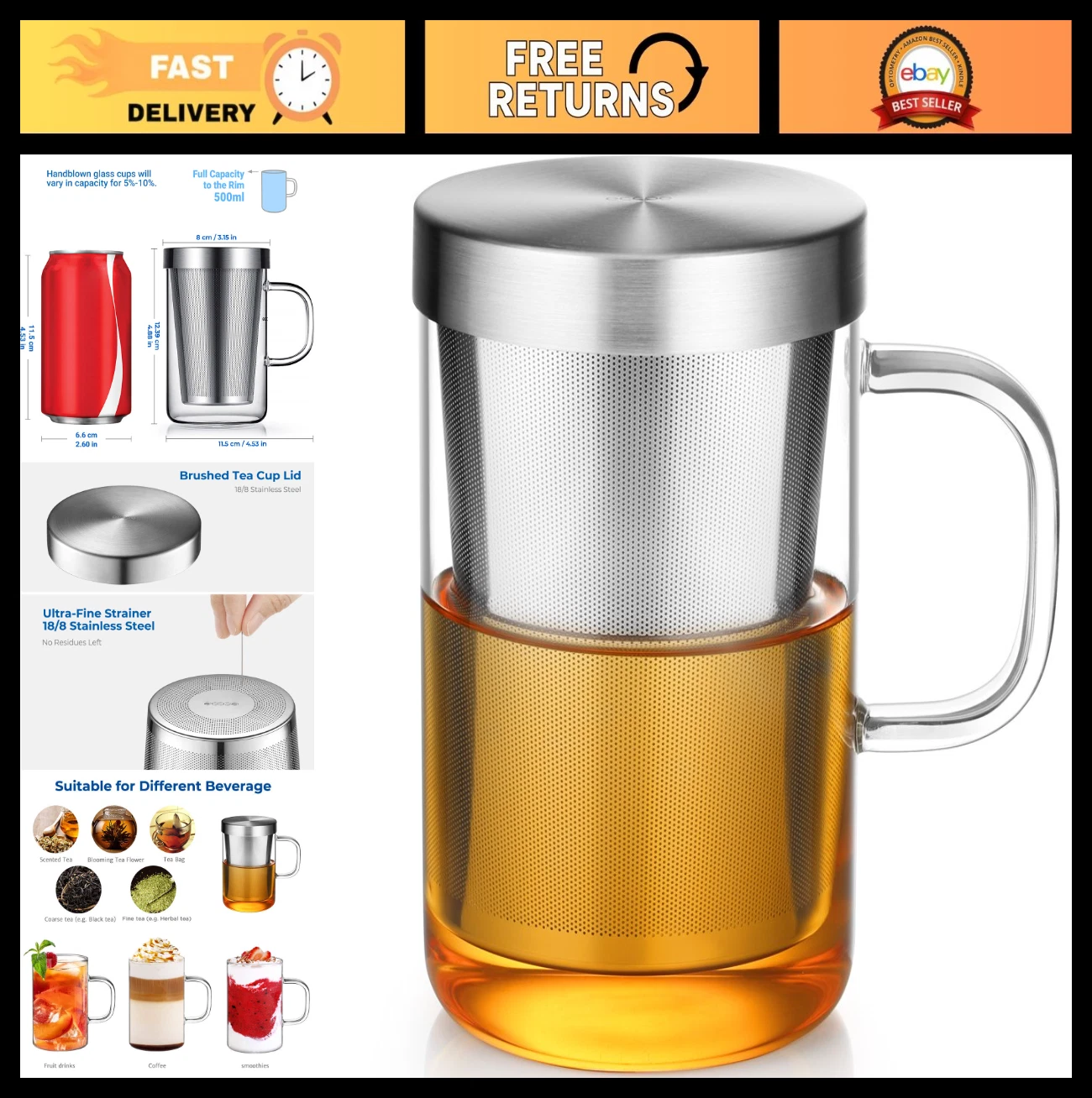16.9 Oz Borosilicate Glass Tea Mug with Stainless Steel Infuser & Lid - Loose Le