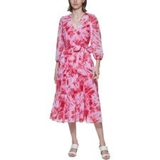 Calvin Klein Women's 3/4 Sleeve Tie Dye Tier Chiffon Midi Dress Lipstick Size 2