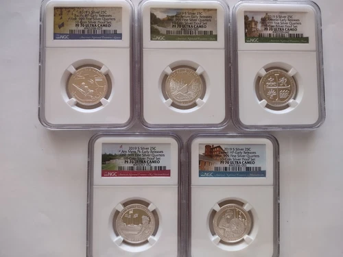 2019 S -SILVER 25C NGC PF 70 ULTRA CAMEO FIRST .999 Silver Quarters 5 COIN SET