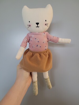 H&M Home Cat Kitten Soft Toy Plush Cotton Linen Pink Brown Gold