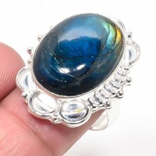 Natural Fire Labradorite Gemstone 925 Sterling Silver Jewelry Ring Sz 7.5 USA