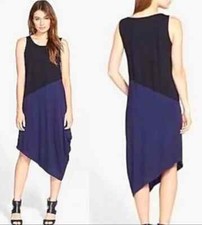 EILEEN FISHER Black Blue Colorblock Asymmetrical Viscose Stretch Dress PS PP