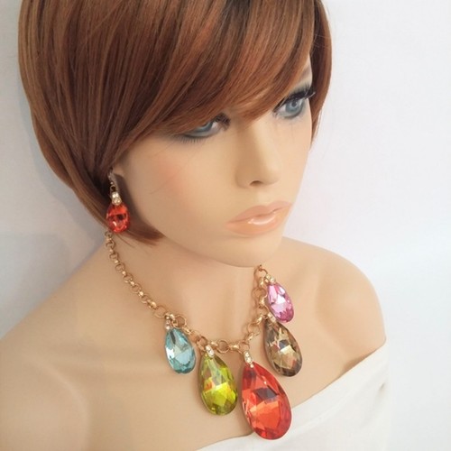 NEW Chunky Multi Rainbow Color Gold Gemstone Drop Pendant Statement Necklace Set - Picture 2 of 6