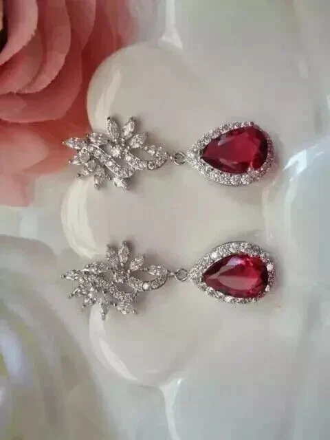 3.00CT Pear Cut Lab Created Red Ruby Drop/Dangle Earrings 14k White Gold Plated - Image 3 of 4