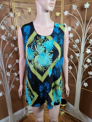 Size 1X Blue Green Yellow Black Top Cool Waffle Pattern by Only Nine Woman