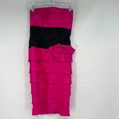 Vintage AJ Bari 100% Silk Strapless Cocktail Dress 8 Pink Black Trim Bow Accent