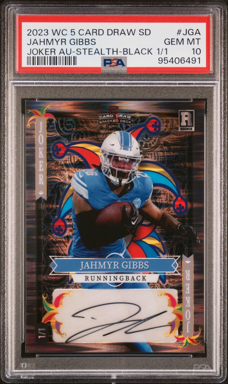 Jahmyr Gibbs Wild Card 5 Card Draw Stacked Deck Joker Autographs #JGA Kaleidoscope Foil-Pink 1/1