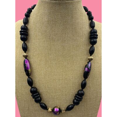 VTG Black Beaded w/ Purple Accents Necklace 24'' Opera Length Spring Ring Clasp