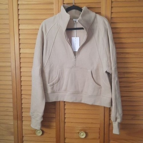 AEMI + CO NWT Sand Long Dove Funnel Neck Half Zip Activewear Crop Hoodie Size L