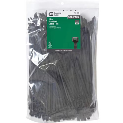 11In Standard 50Lb Tensile Strength UL 21S Rated Cable Zip Ties 500 Pack UV (Bla
