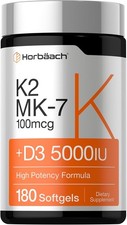 Vitamin K2 MK7 with D3 Supplement  180 Softgels  D3 5000 IU  by Horbaach