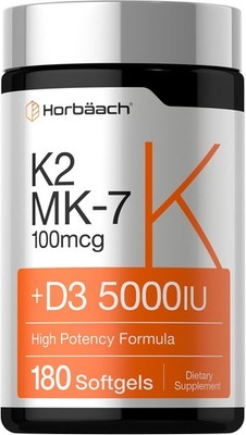 Vitamin K2 MK7 with D3 Supplement | 180 Softgels | D3 5000 IU | by Horbaach