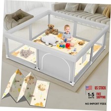 Baby Playpen with Mat, 50x50 Inch, Grey Animals Mat, 50x50 Inch