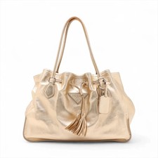 Prada Leather Shoulder Tote Bag Gold BR3542 Drawstring With Fringe Tassel Style
