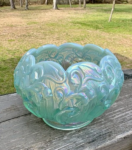 Vintage 1970s Fenton Aqua Opalescent Iridized Rosebowl Lilies of the Valley