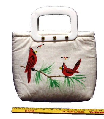 Katie Denton Canvas Purse with Plastic Handle Hand Painted Red Cardinals Scene