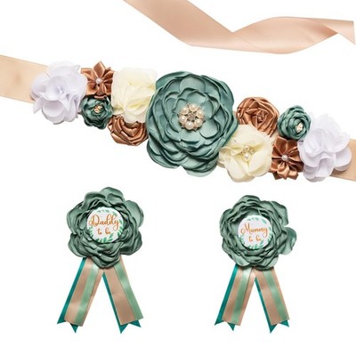 Green Maternity Sash Set Mummy Daddy Corsage Pin Baby Shower Gender Reveal Props