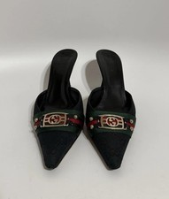 Vtg Gucci Black Canvas Monogram Heels 35
