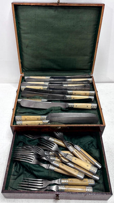 Antique American Cutlery Co Bone Handle Flatware Set Lead Inlay Wood Case 23 Pc