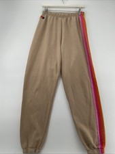 Aviator Nation Sweatpants Womens Tan Rainbow Stripe Fleece Jogger Track USA M