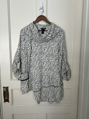 Ali Miles Cowl Neck Confetti Gauzy Tunic Blouse Womens Size Large Black White