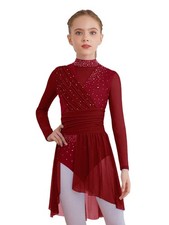 Kids Girls Dancewear Fringed Dress Ballroom Costume Gymnastic Long Sleeve Back