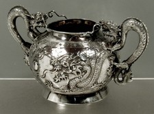 Chinese Export Silver Dragon Sugar Bowl c1890 SIGNED