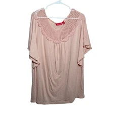 Elle Blouse Women's Large Pink Lace Short Sleeve Ruffle Round Neck Boho Top