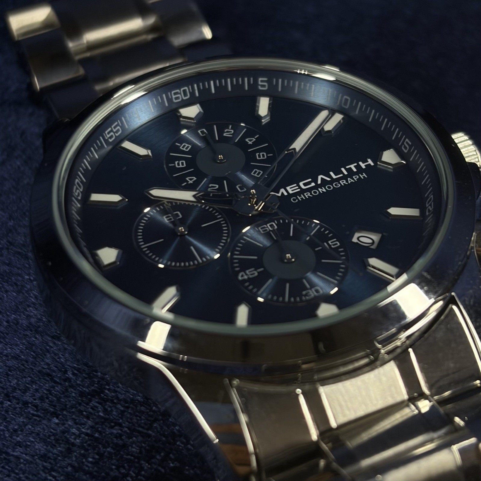 MEGALITH Luxury Silver Blue Chronograph Watch | Stainless Steel Men’s Watch