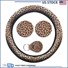 4pcs Leopard Print Car Set 14-15 Inch Steering Wheel Cover Cup Holder Coaster