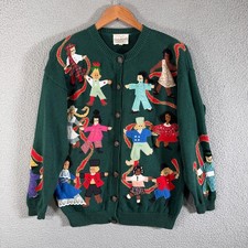 VTG 1994 Susan Bristol Folk Art Sweater Cardigan Small World Multicultural 90s