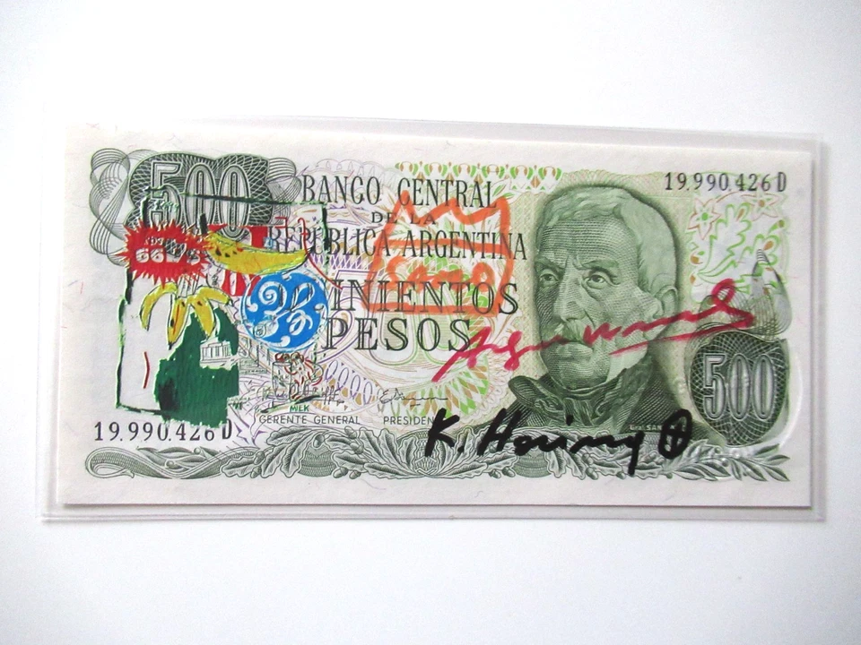A. WARHOL/K. HARING/J. M.BASQUIAT: 500 PESO BANKNOTE 3x SIGNIERT, SKIZZIERT