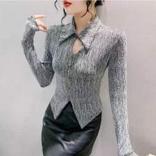 Lady Sexy Korean Slim Top Blouses Long Sleeve Fashion Business Work Shirts 2024