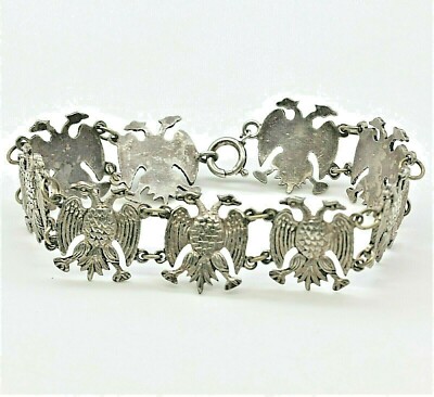 PURE FINE SILVER ANTIQUE HAPSBURGER DOUBLE HEAD EAGLE 7.25'' BRACELET SIGNED 1000