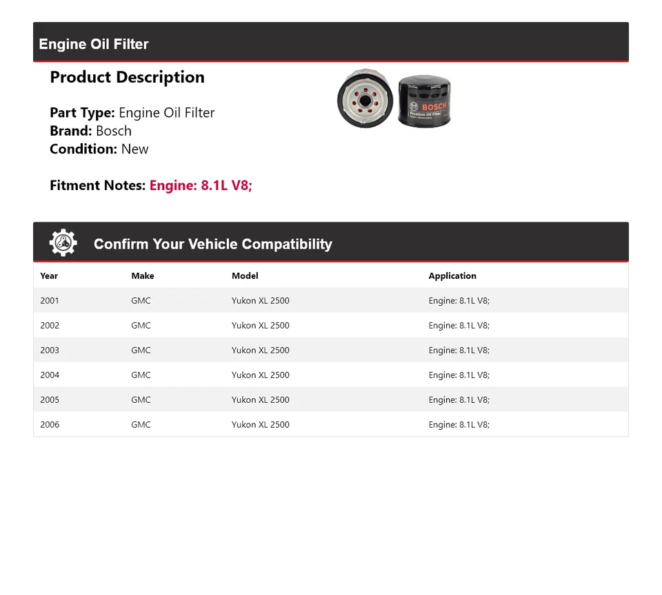 For 2001-2006 GMC Yukon XL 2500 8.1L V8 Bosch Premium Oil Filter 2002 2003 2004 - Image 2 of 3