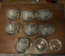 Set Nestle Nescafe Mug World Map Globe Coffee Cup Etched Glass  Clear 8 piece